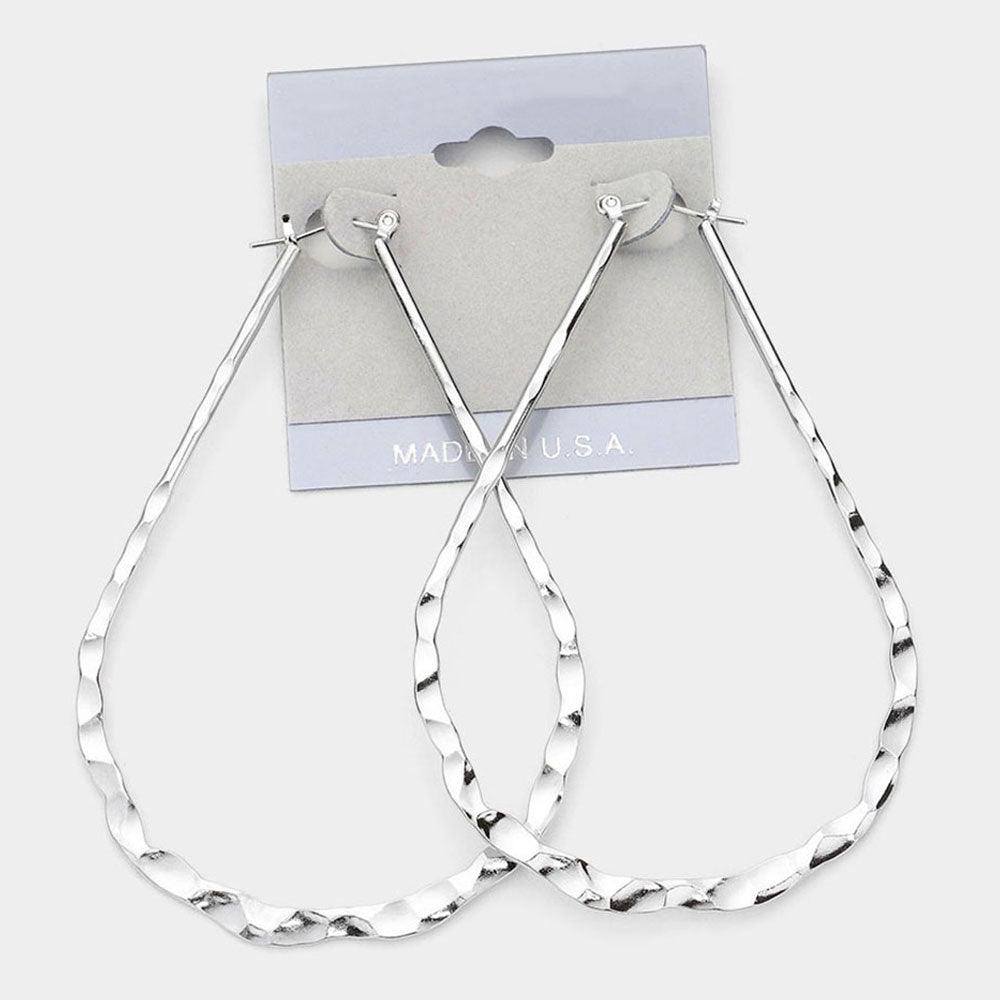 Silver Hammered Teardrop Hoop Pin Catch Earrings