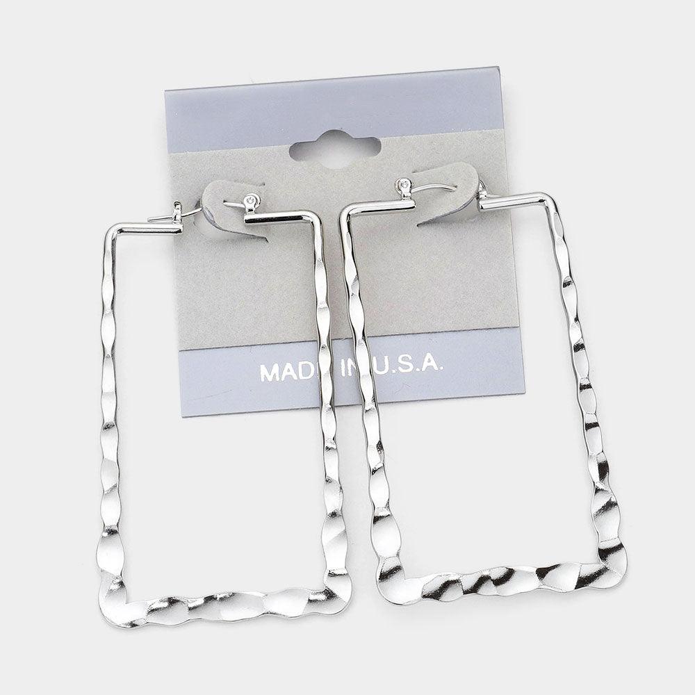 Textured Square Metal Hoop Pin Catch Earrings