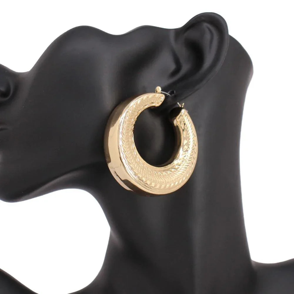 Gold Patterned Metal Hoop Pin Catch Earrings - Jewelry Store by Erik Rayo