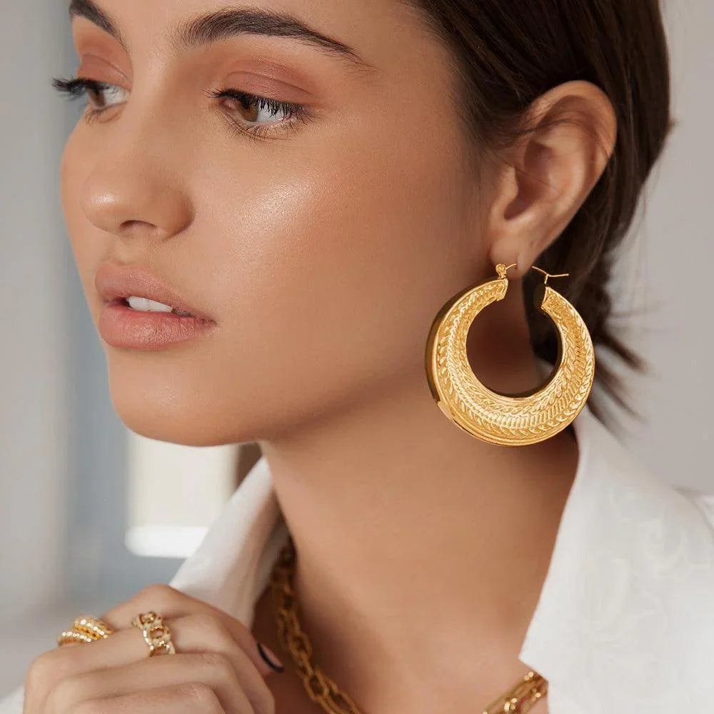 Gold Patterned Metal Hoop Pin Catch Earrings - Jewelry Store by Erik Rayo