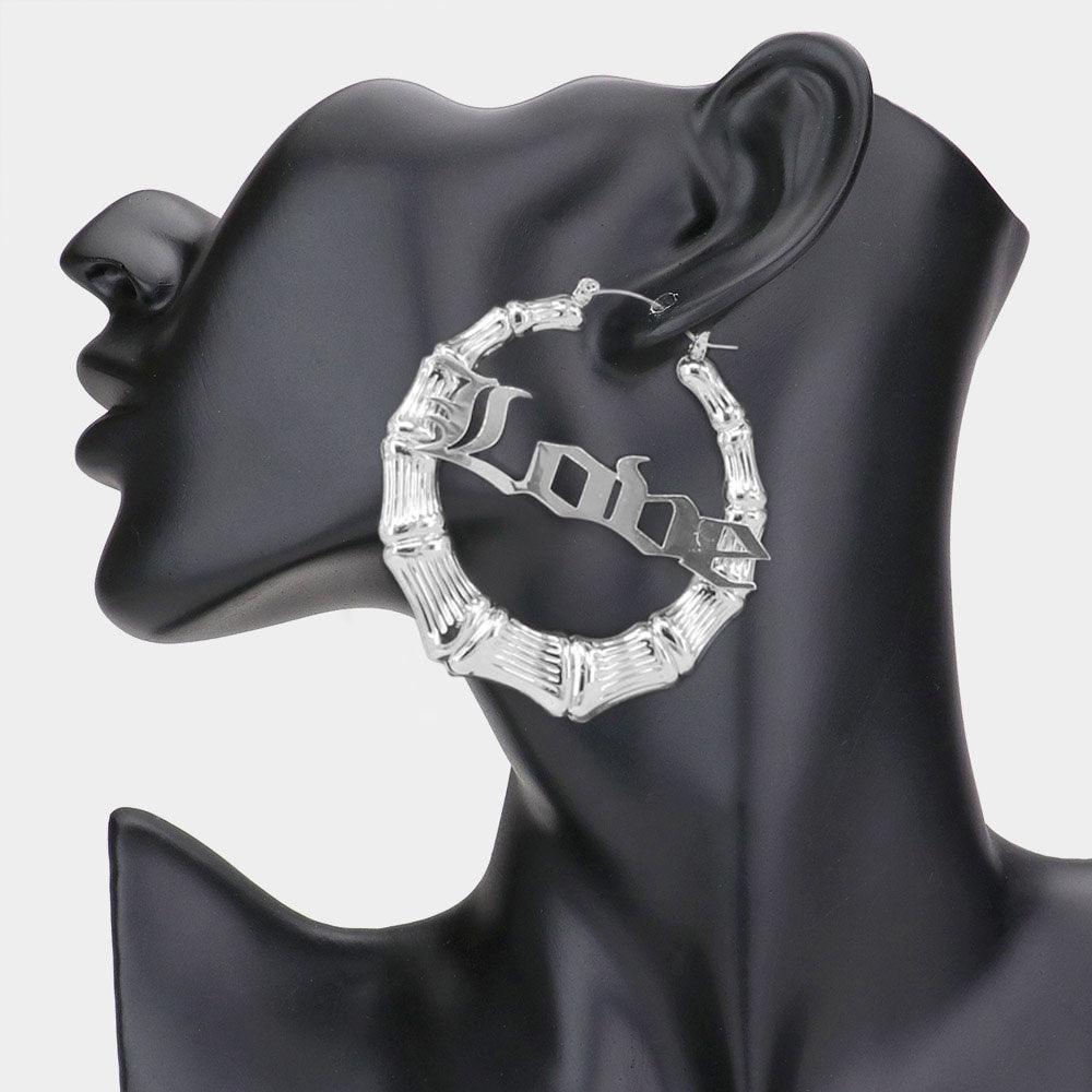 LOVE Metal Bamboo Hoop Message Pin Catch Earrings - Jewelry Store by Erik Rayo