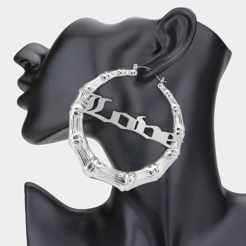 LOVE Metal Bamboo Hoop Message Pin Catch Earrings - Jewelry Store by Erik Rayo