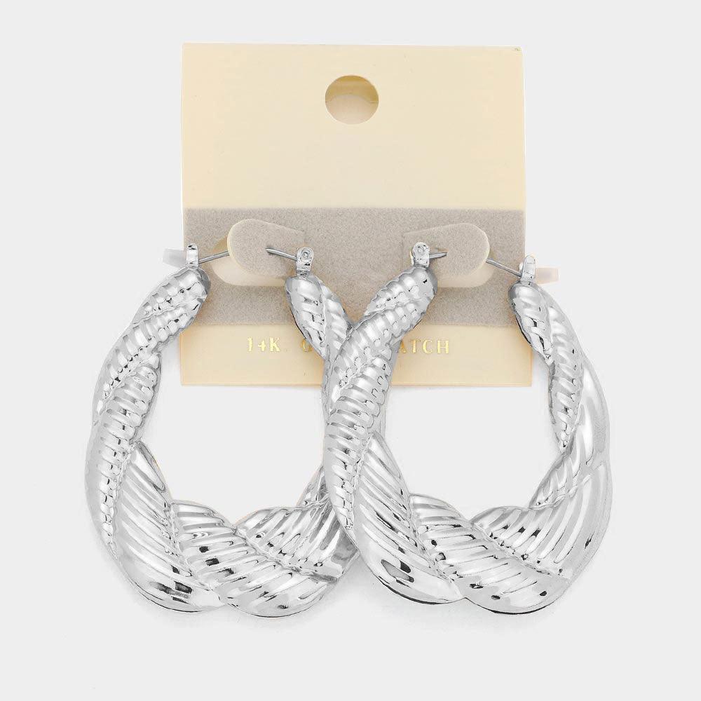 Gold 14K White Gold Filled Textured Twisted Metal Hoop Pin Catch Earrings - Jewelry Store by Erik Rayo
