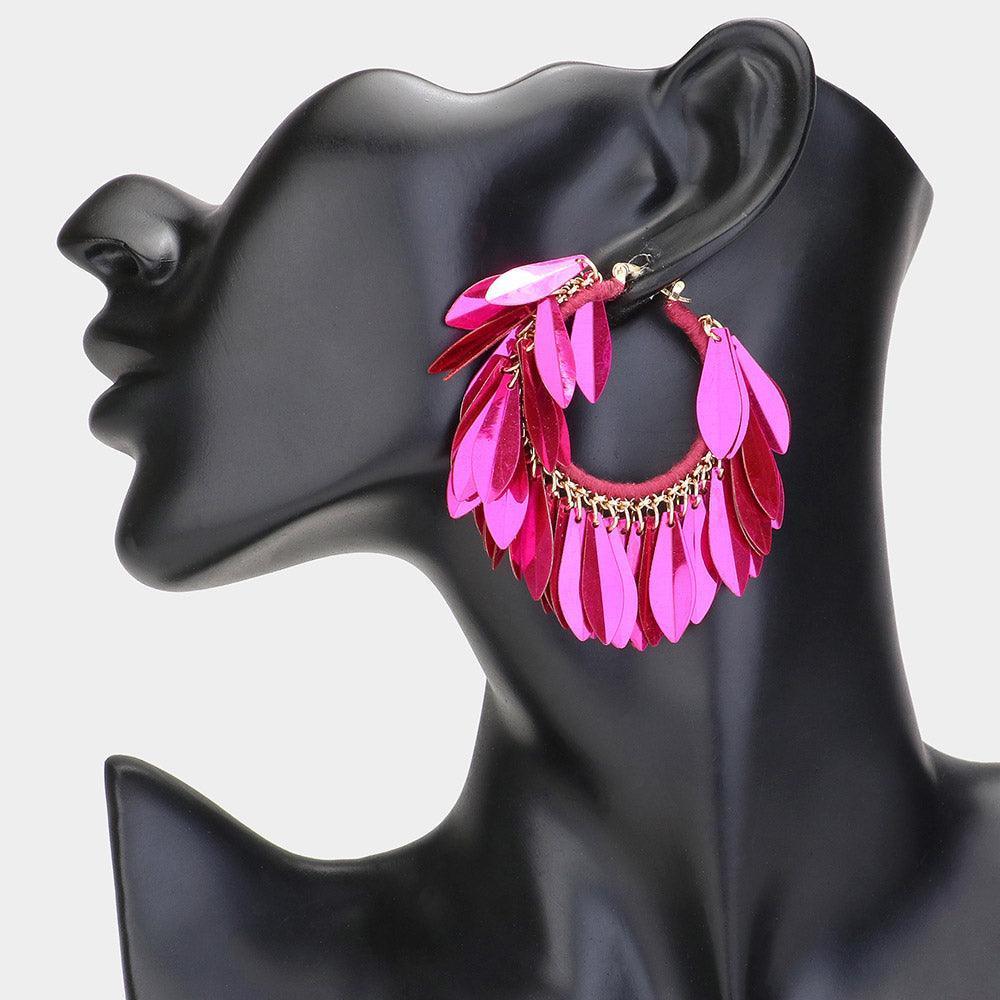 Red Sequin Fringe Hoop Pin Catch Earrings - Jewelry Store by Erik Rayo