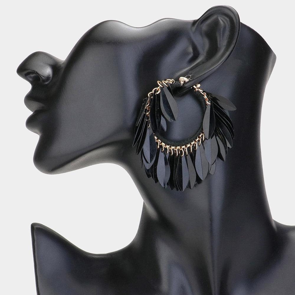 Black Sequin Fringe Hoop Pin Catch Earrings - Jewelry Store by Erik Rayo