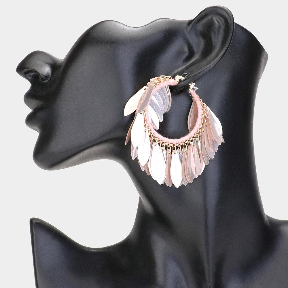 Pink Sequin Fringe Hoop Pin Catch Earrings