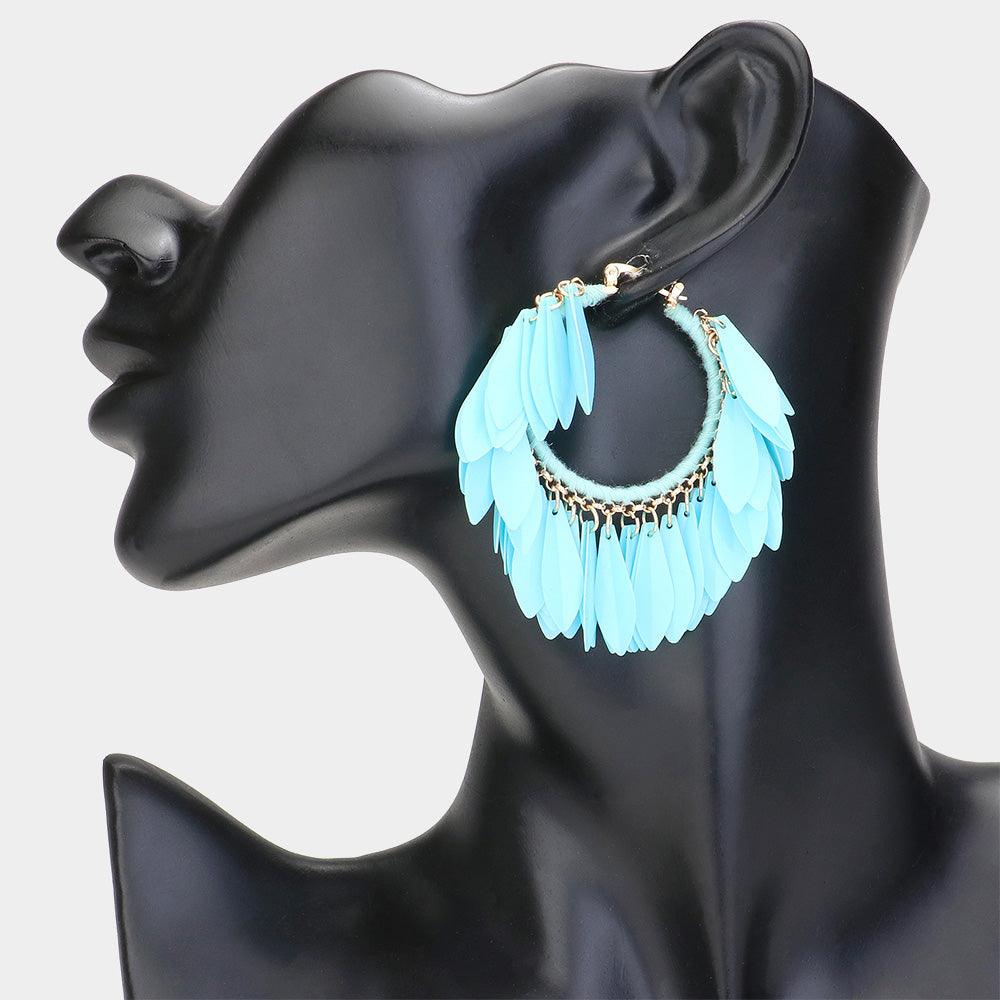 Turquoise Sequin Fringe Hoop Pin Catch Earrings