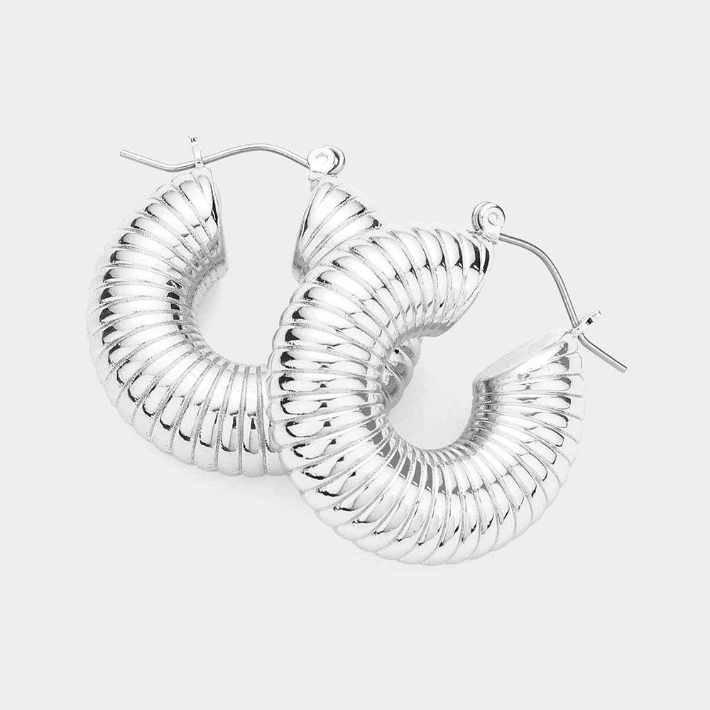 Silver Silver Dipped Textured Metal Hoop Pin Catch Earrings