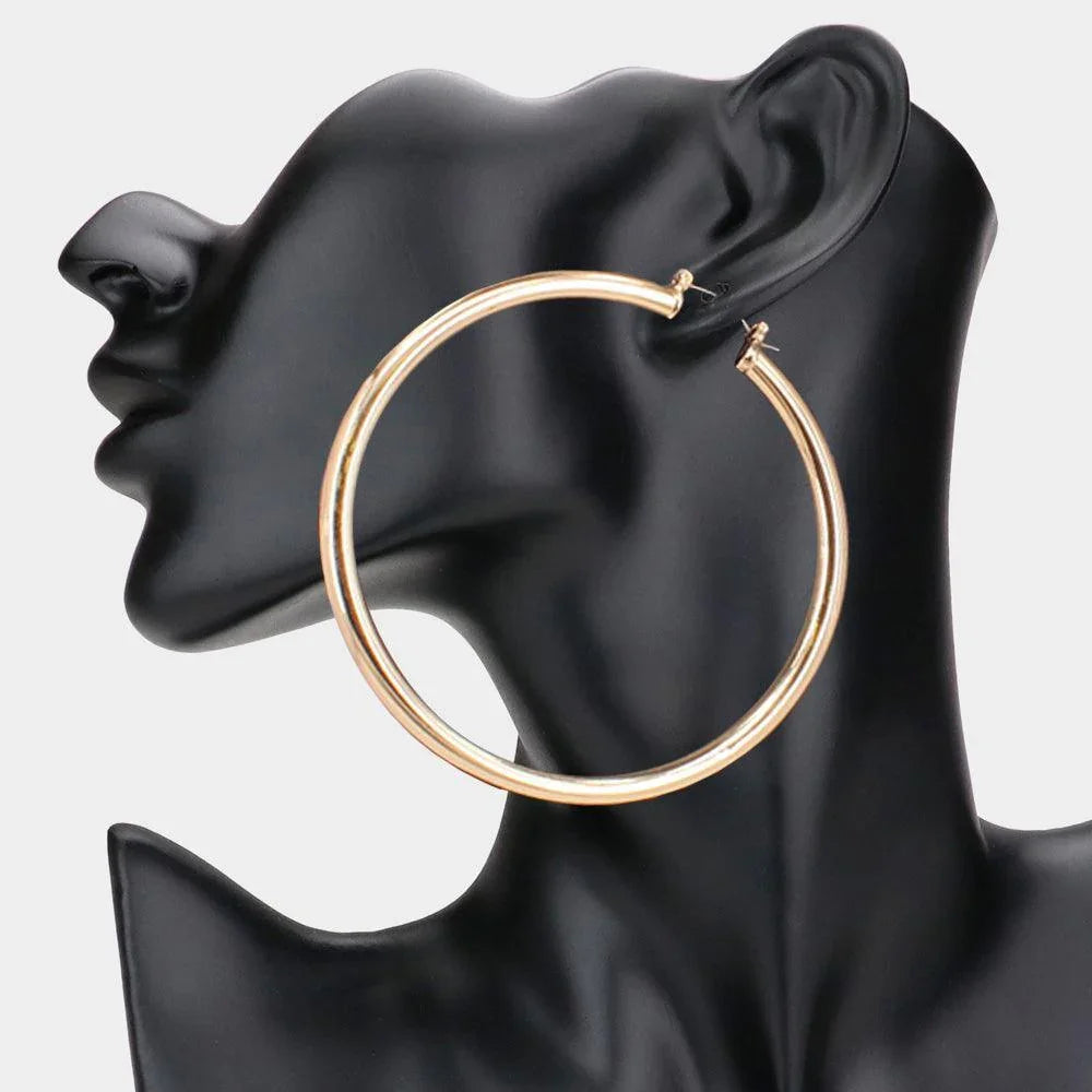 Gold 3 Inch Metal Hoop Pin Catch Earrings - Jewelry Store by Erik Rayo