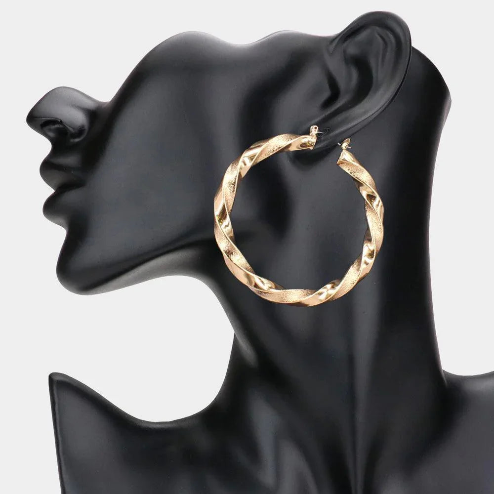 Gold 2.3 Inch Twisted Metal Hoop Pin Catch Earrings - Jewelry Store by Erik Rayo