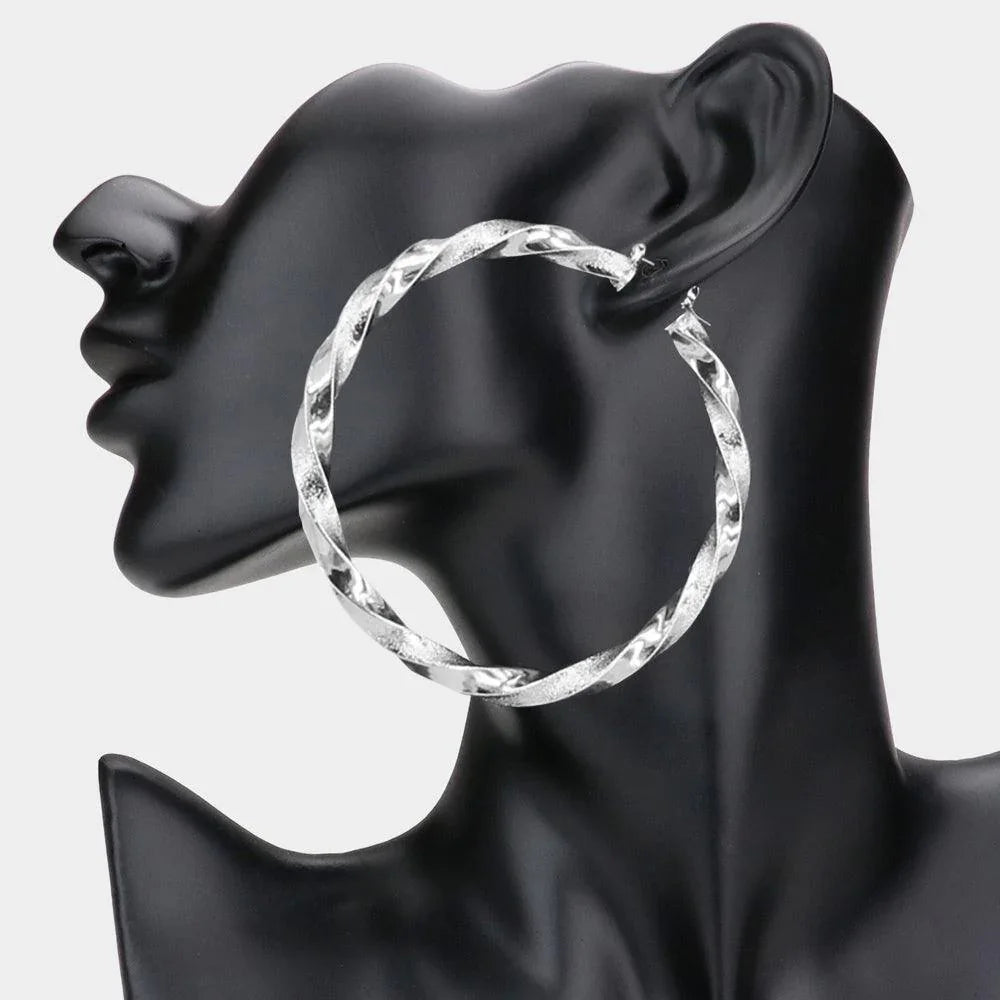 3.2 Inch Twisted Metal Hoop Pin Catch Earrings - Jewelry Store by Erik Rayo