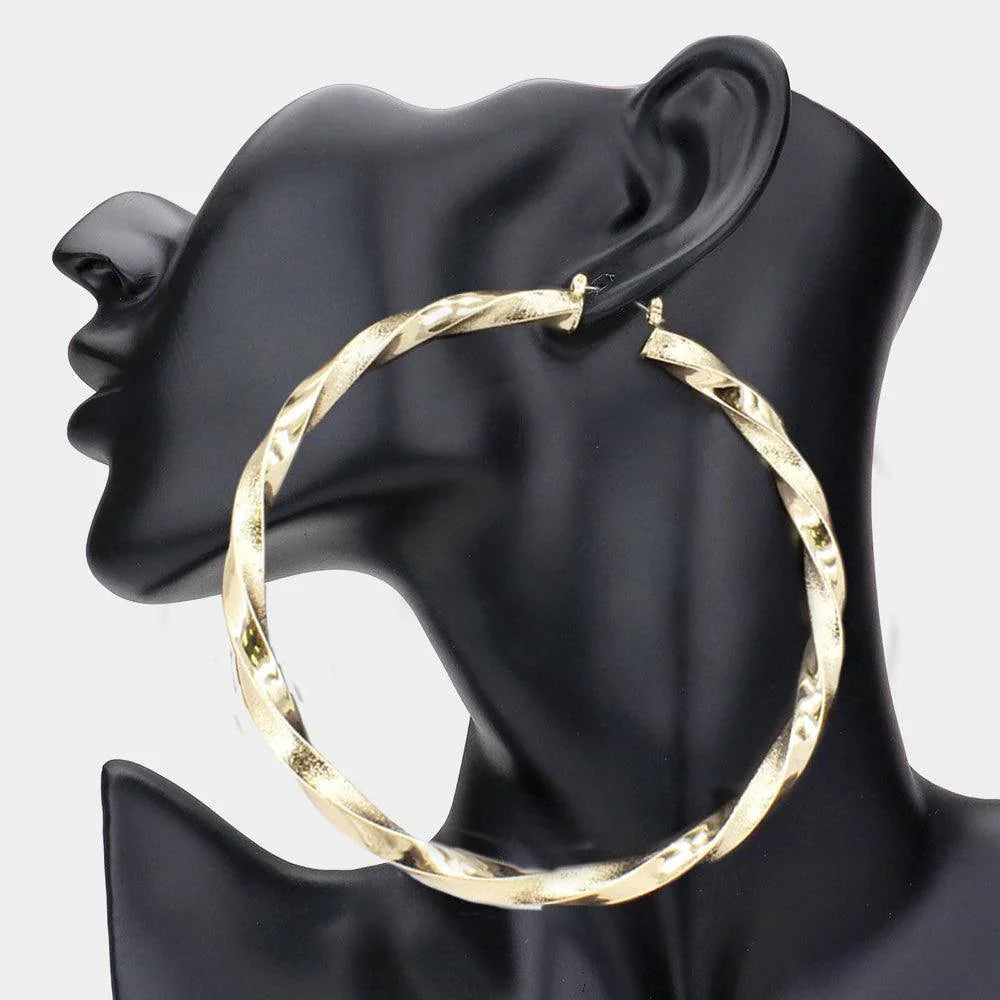 Gold 4 Inch Twisted Metal Hoop Pin Catch Earrings - Jewelry Store by Erik Rayo