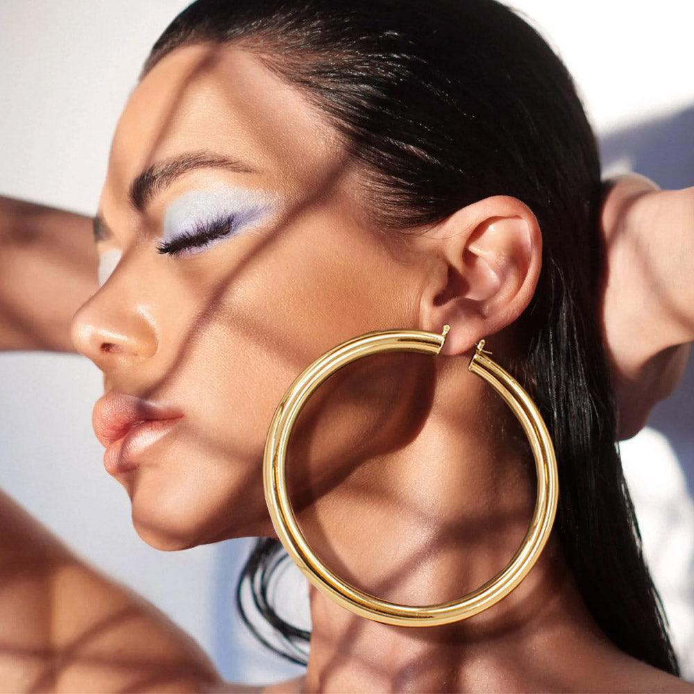 Gold Oversized Chunky Metal Hoop Pin Catch Earrings - Jewelry Store by Erik Rayo
