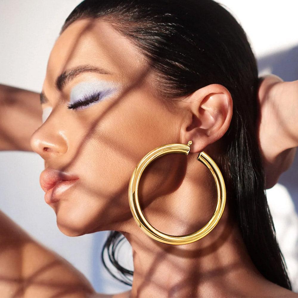 Gold Oversized Chunky Metal Hoop Pin Catch Earrings - Jewelry Store by Erik Rayo