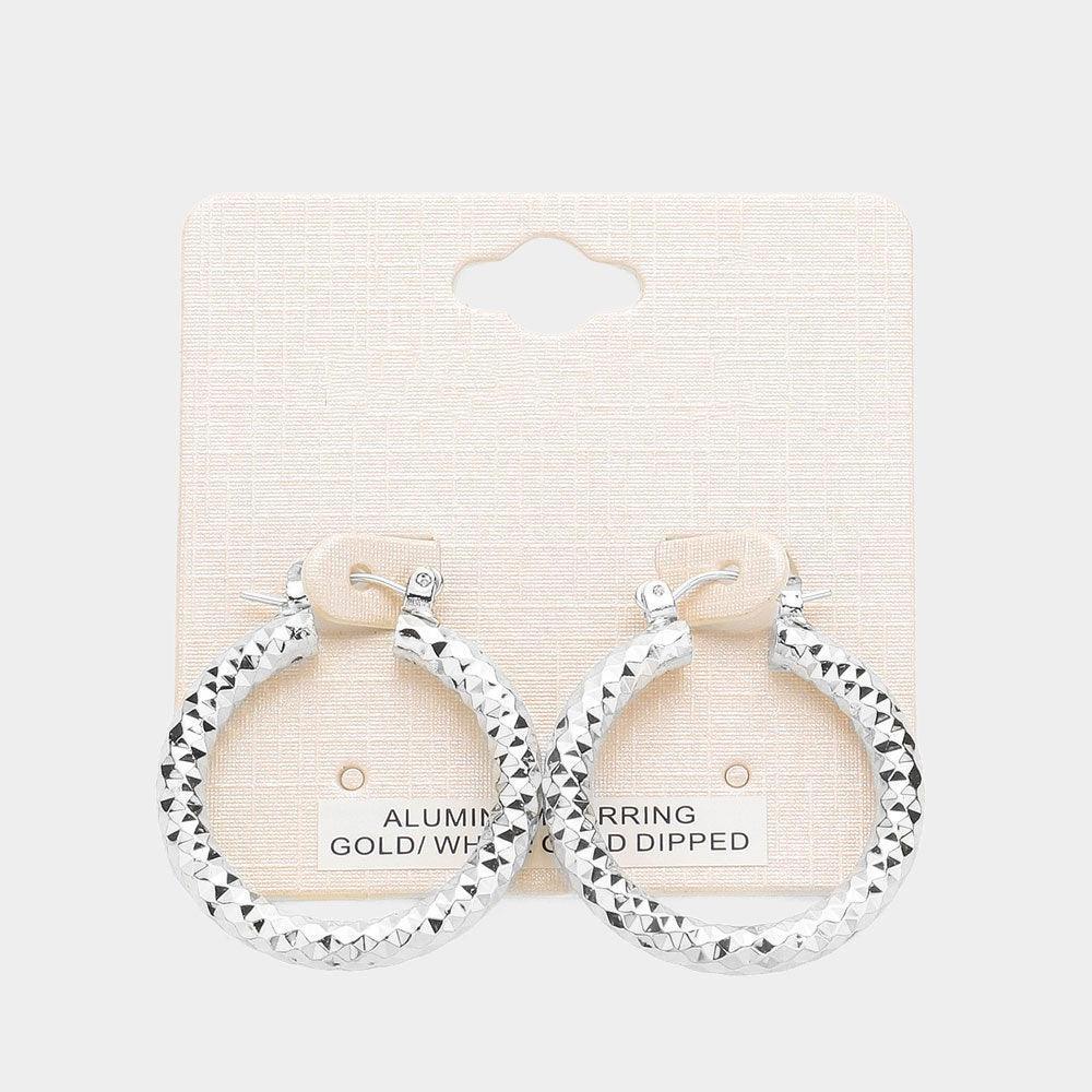 Silver White Gold Dipped Textured Aluminum Pin Catch Hoop Earrings - Jewelry Store by Erik Rayo