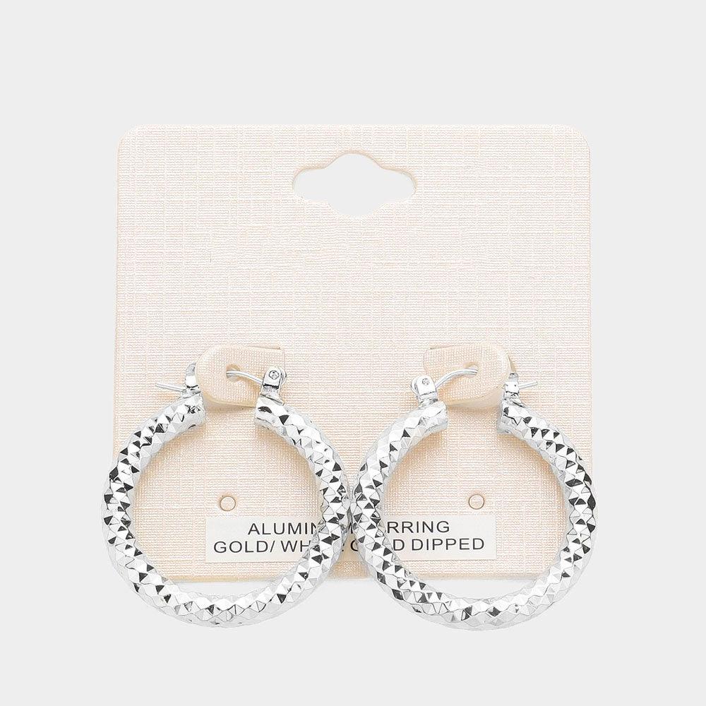 Silver White Gold Dipped Textured Aluminum Pin Catch Hoop Earrings