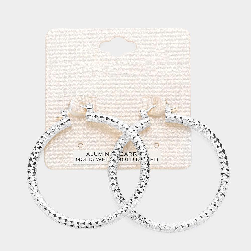 Silver White Gold Dipped Textured Aluminum Pin Catch Hoop Earrings - Jewelry Store by Erik Rayo