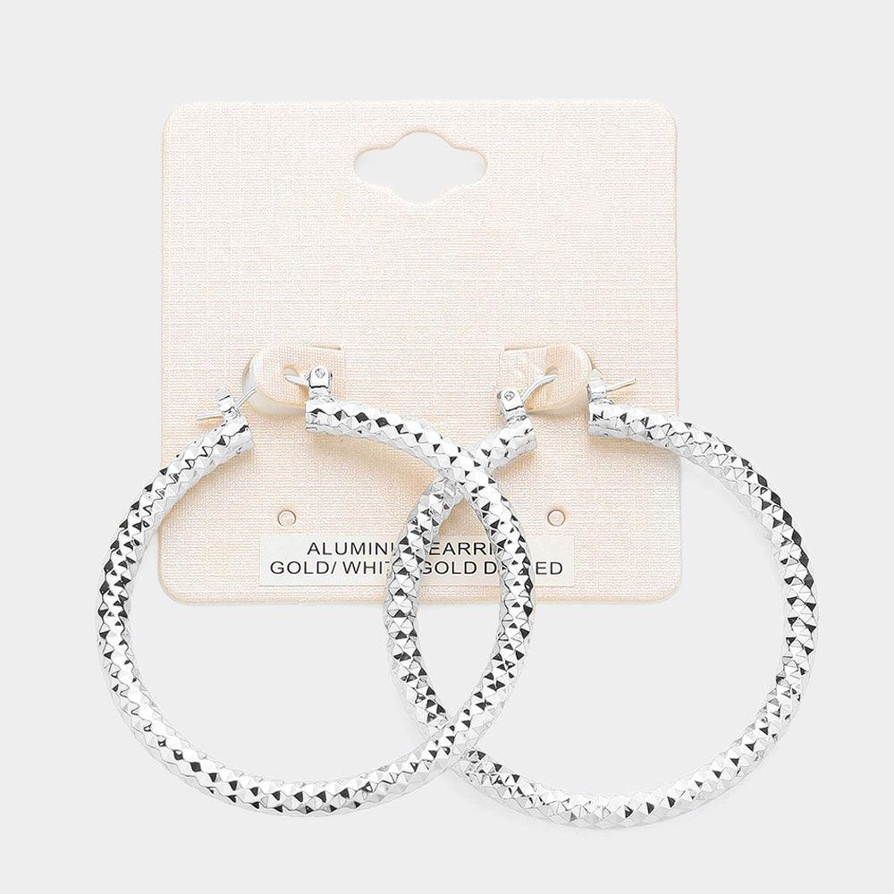 Silver White Gold Dipped Textured Aluminum Pin Catch Hoop Earrings