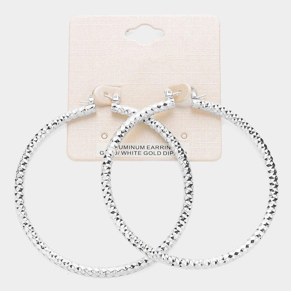 Silver White Gold Dipped Textured Aluminum Pin Catch Hoop Earrings - Jewelry Store by Erik Rayo