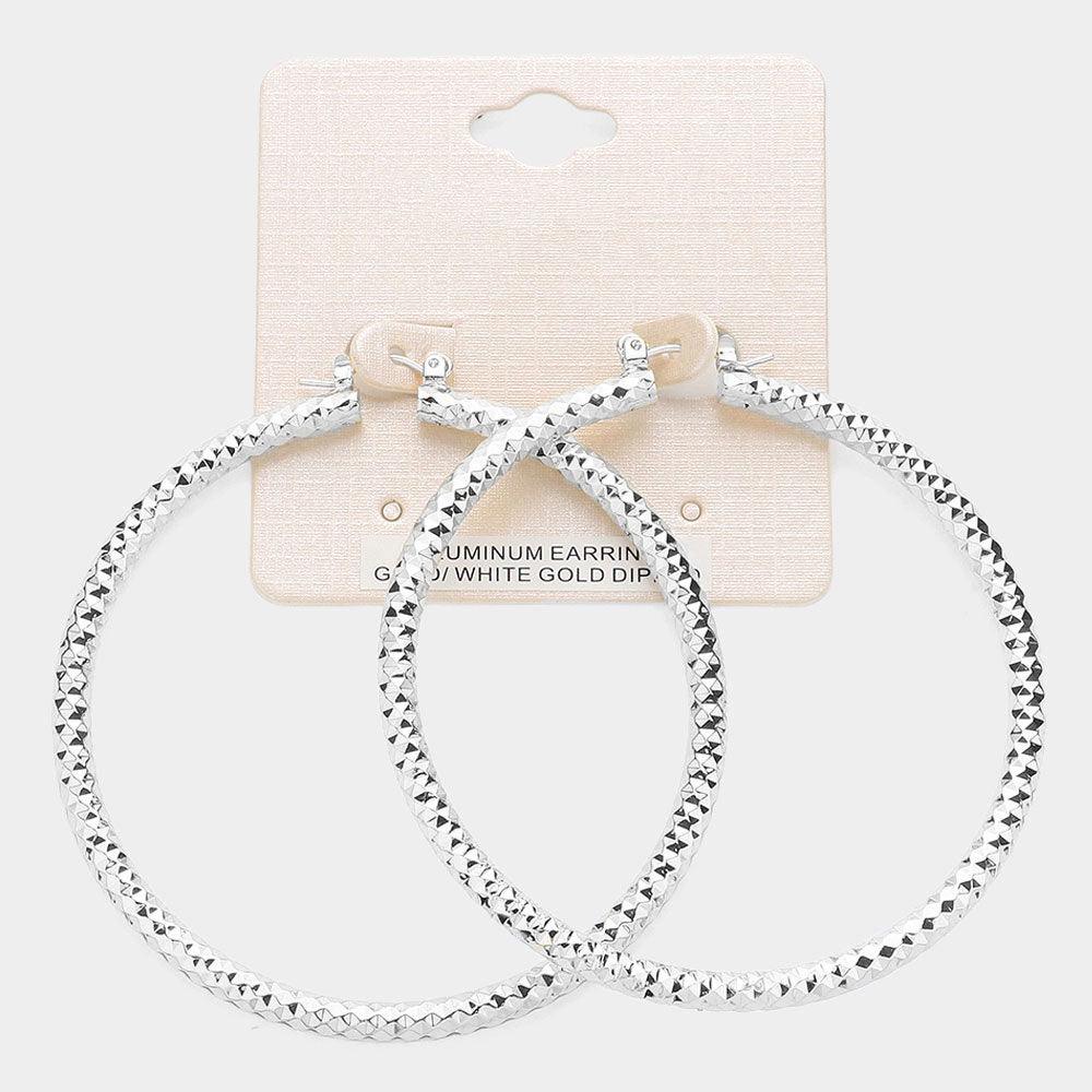 Silver White Gold Dipped Textured Aluminum Pin Catch Hoop Earrings