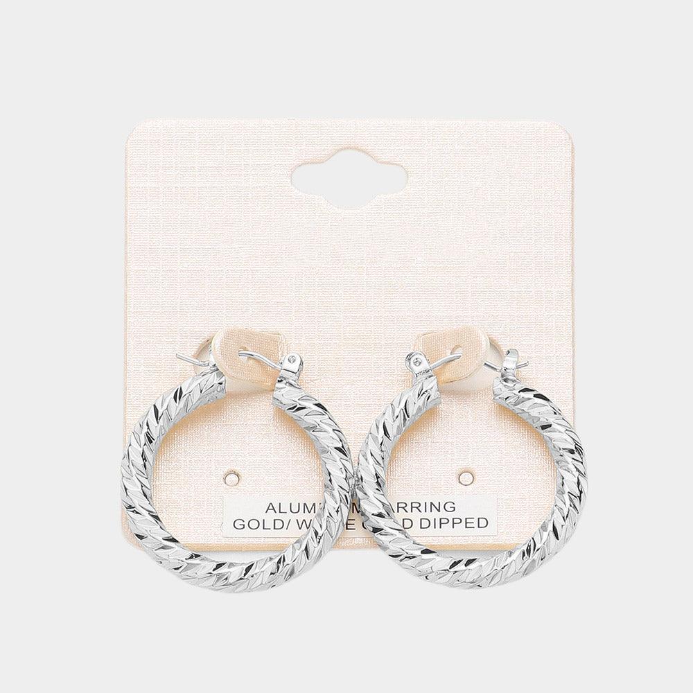 Silver White Gold Dipped Textured Aluminum Pin Catch Hoop Earrings