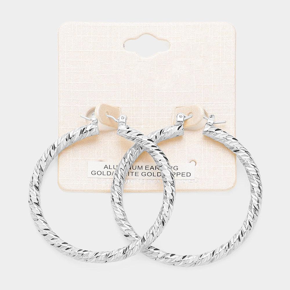 Silver White Gold Dipped Textured Aluminum Pin Catch Hoop Earrings