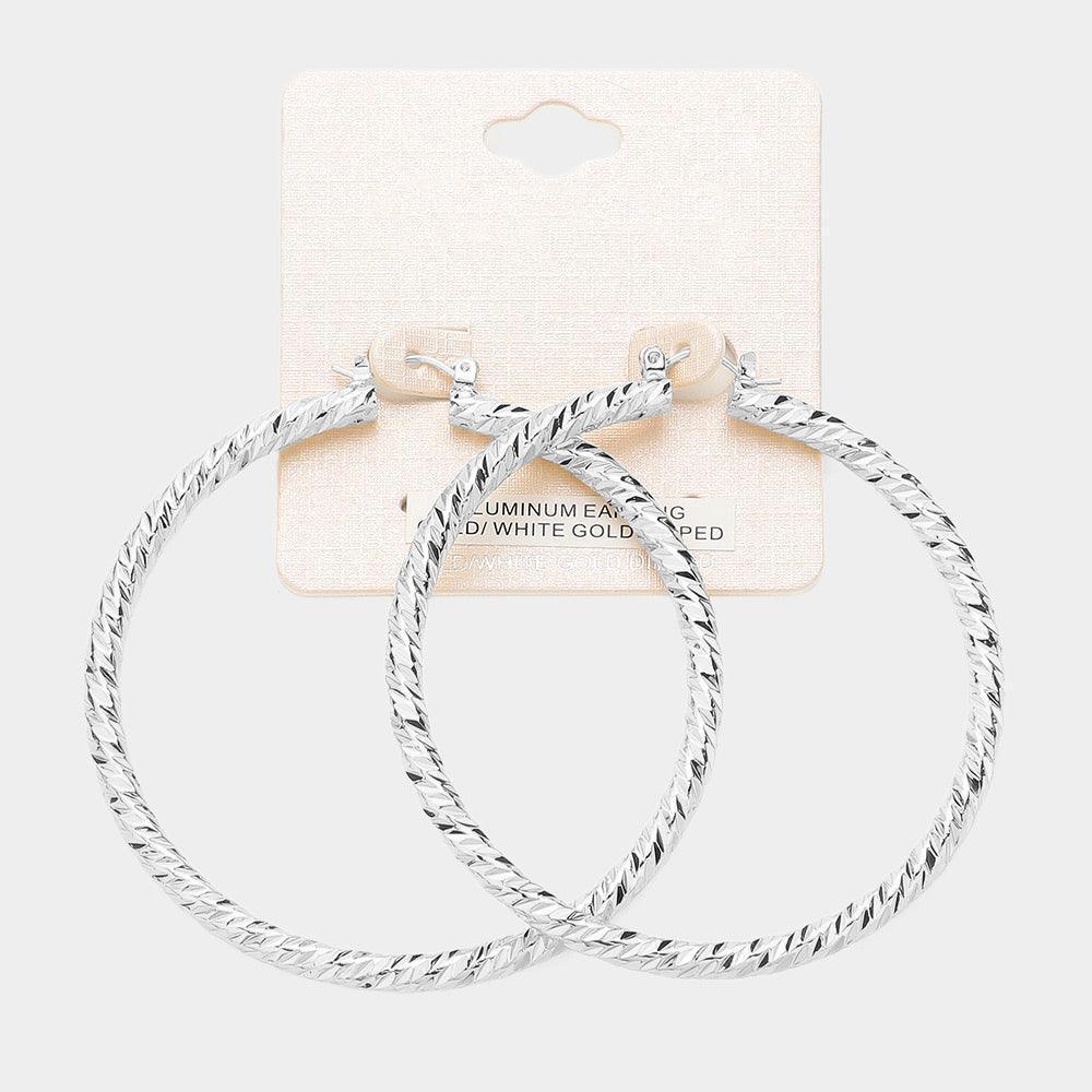 Silver White Gold Dipped Textured Aluminum Pin Catch Hoop Earrings - Jewelry Store by Erik Rayo