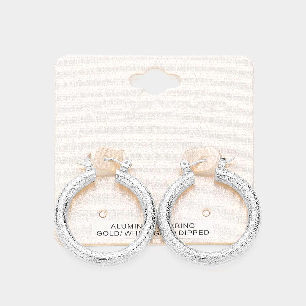 Silver White Gold Dipped Textured Aluminum Pin Catch Hoop Earrings - Jewelry Store by Erik Rayo