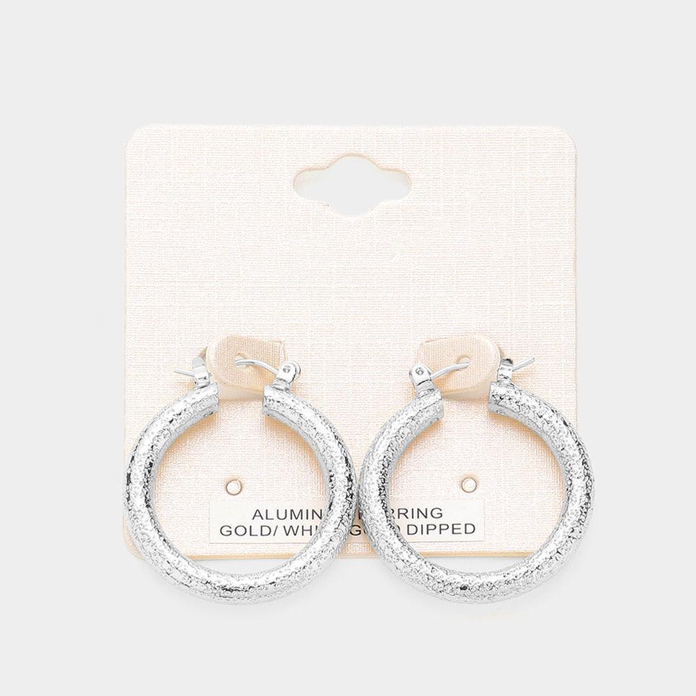 Silver White Gold Dipped Textured Aluminum Pin Catch Hoop Earrings