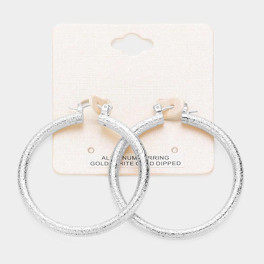 Silver White Gold Dipped Textured Aluminum Pin Catch Hoop Earrings - Jewelry Store by Erik Rayo