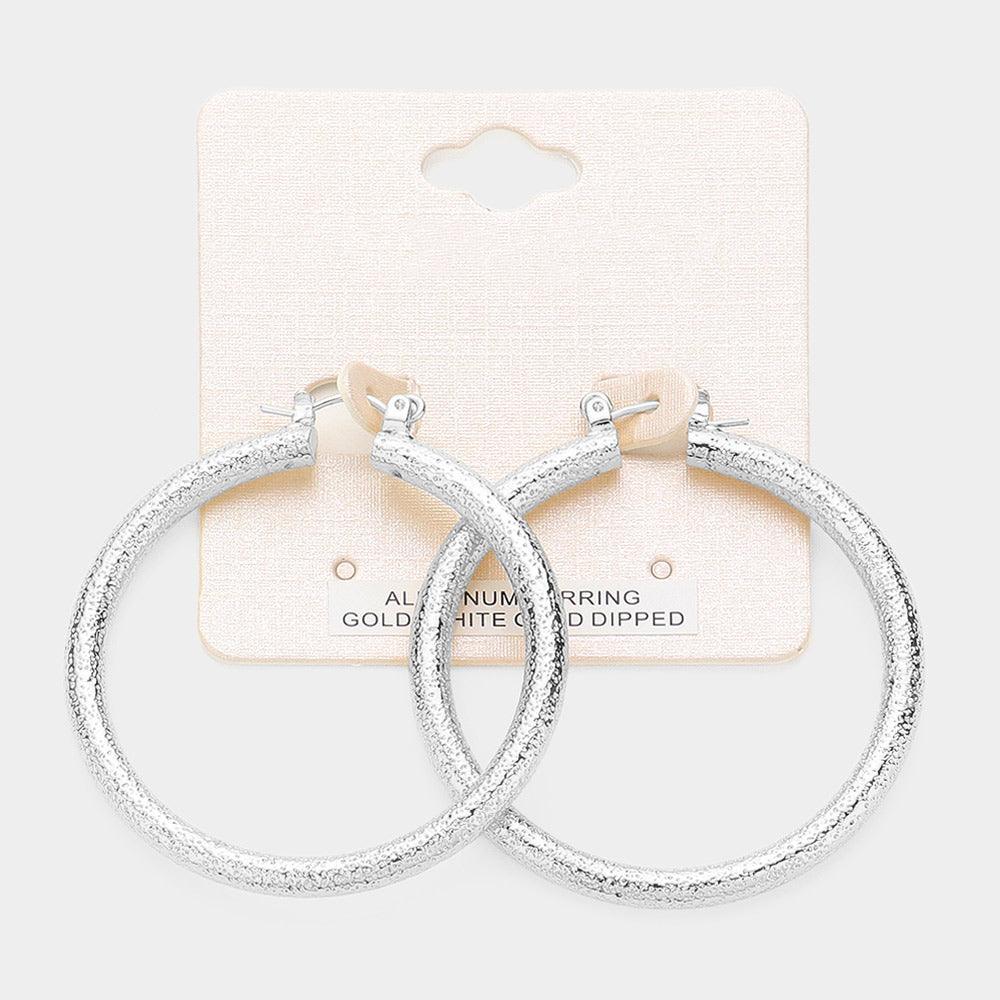 Silver White Gold Dipped Textured Aluminum Pin Catch Hoop Earrings