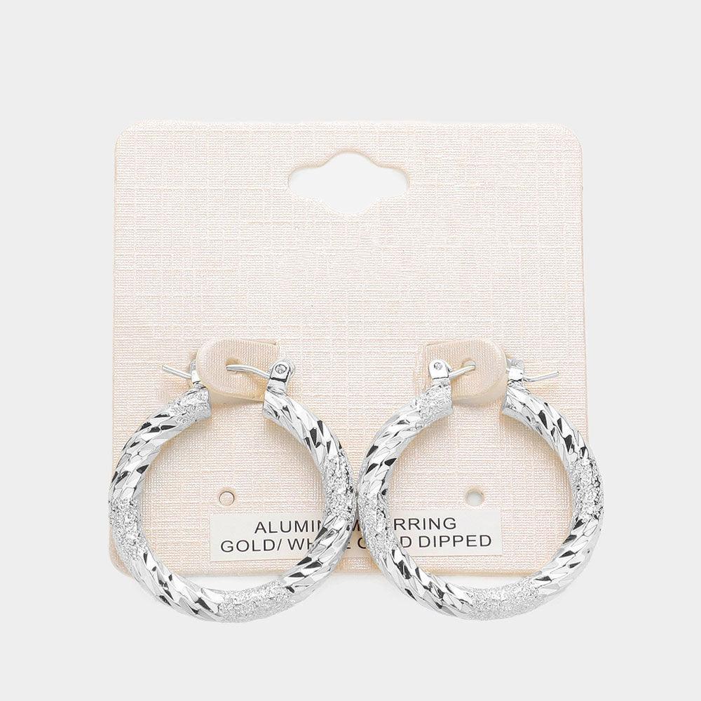 Silver White Gold Dipped Textured Aluminum Pin Catch Hoop Earrings