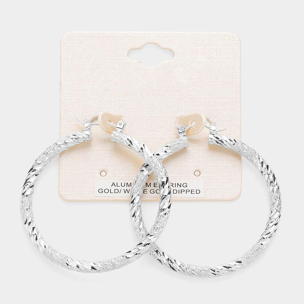 Silver White Gold Dipped Textured Aluminum Pin Catch Hoop Earrings