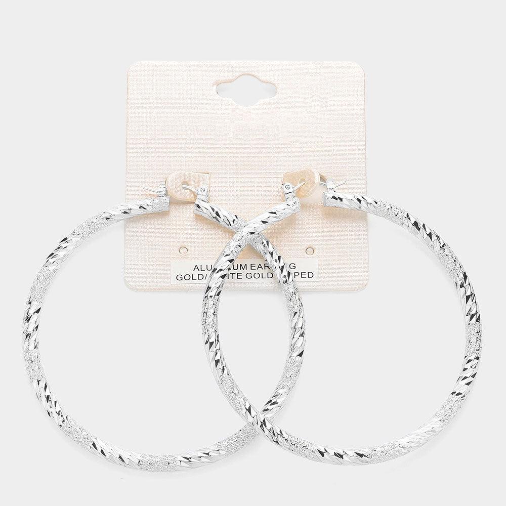 Silver White Gold Dipped Textured Aluminum Pin Catch Hoop Earrings