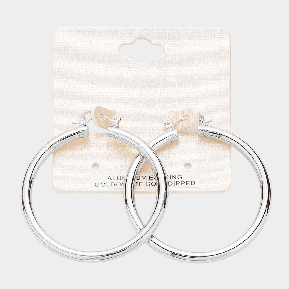 Silver White Gold Dipped Aluminum Pin Catch Hoop Earrings