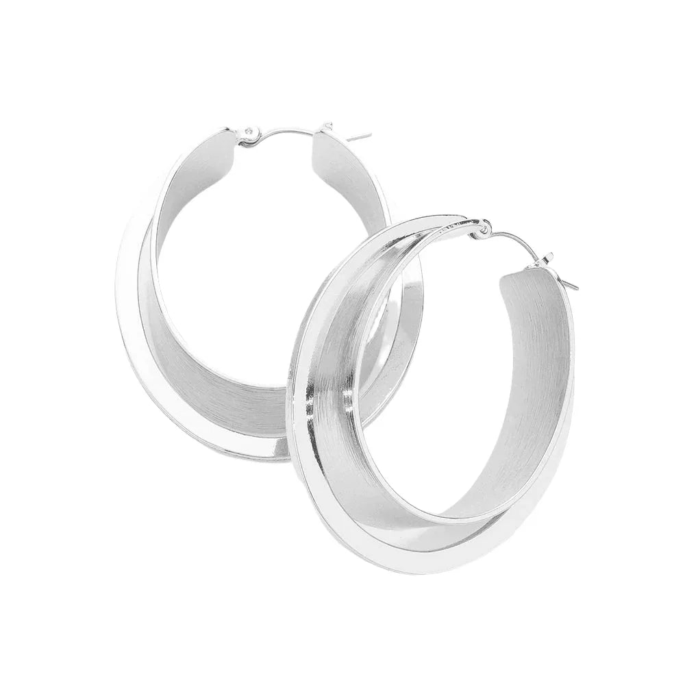 Silver Double Layered Metal Oval Hoop Pin Catch Earrings - Jewelry Store by Erik Rayo
