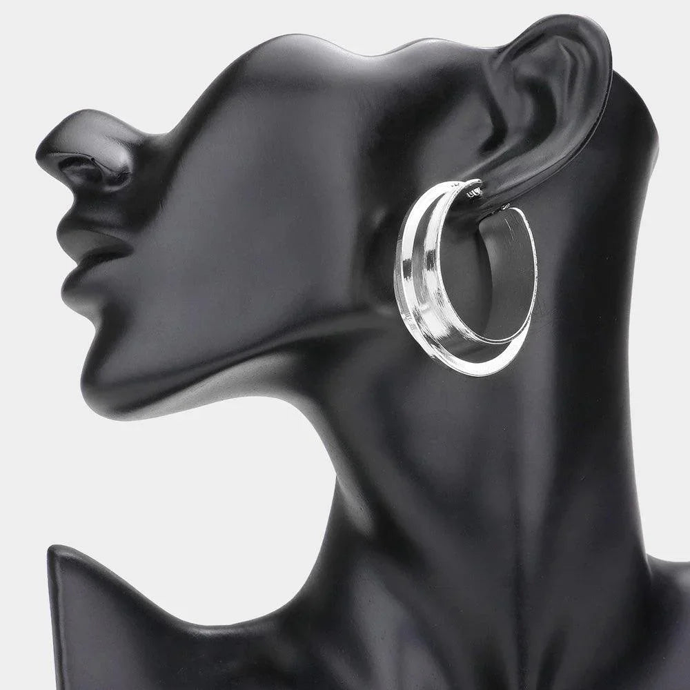 Silver Double Layered Metal Oval Hoop Pin Catch Earrings - Jewelry Store by Erik Rayo