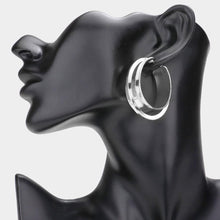 Load image into Gallery viewer, Silver Double Layered Metal Oval Hoop Pin Catch Earrings
