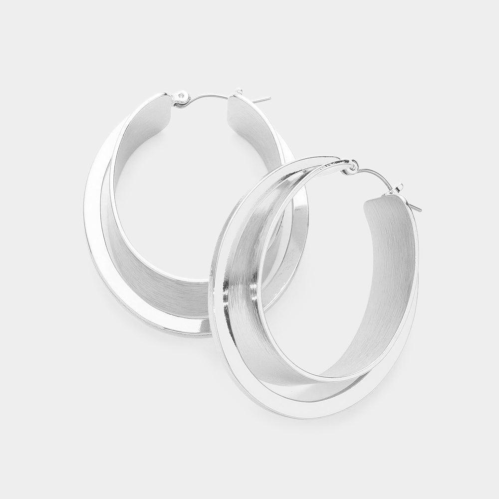 Silver Double Layered Metal Oval Hoop Pin Catch Earrings - Jewelry Store by Erik Rayo
