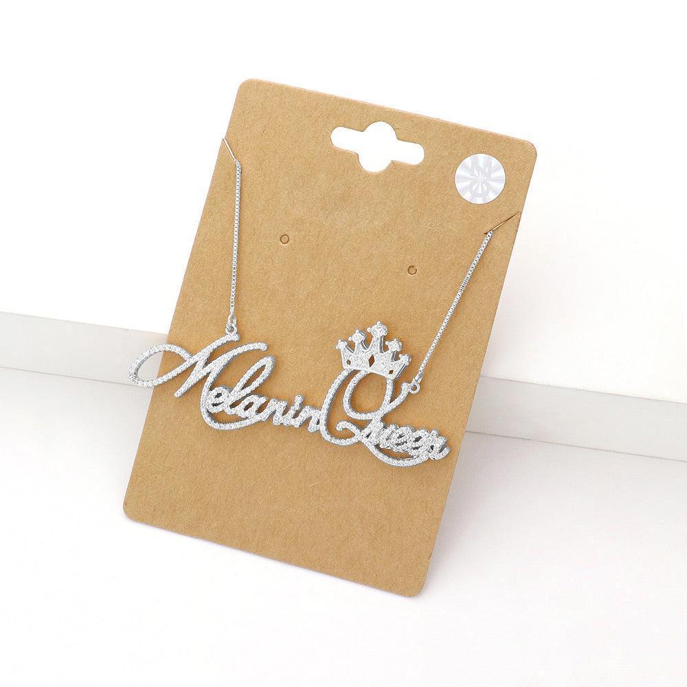 Silver CZ Melanin Queen Message Pendant Necklace - Jewelry Store by Erik Rayo