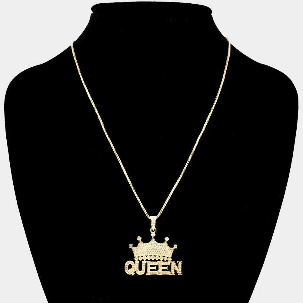 Gold CZ Queen Message Crown Pendant Necklace - Jewelry Store by Erik Rayo