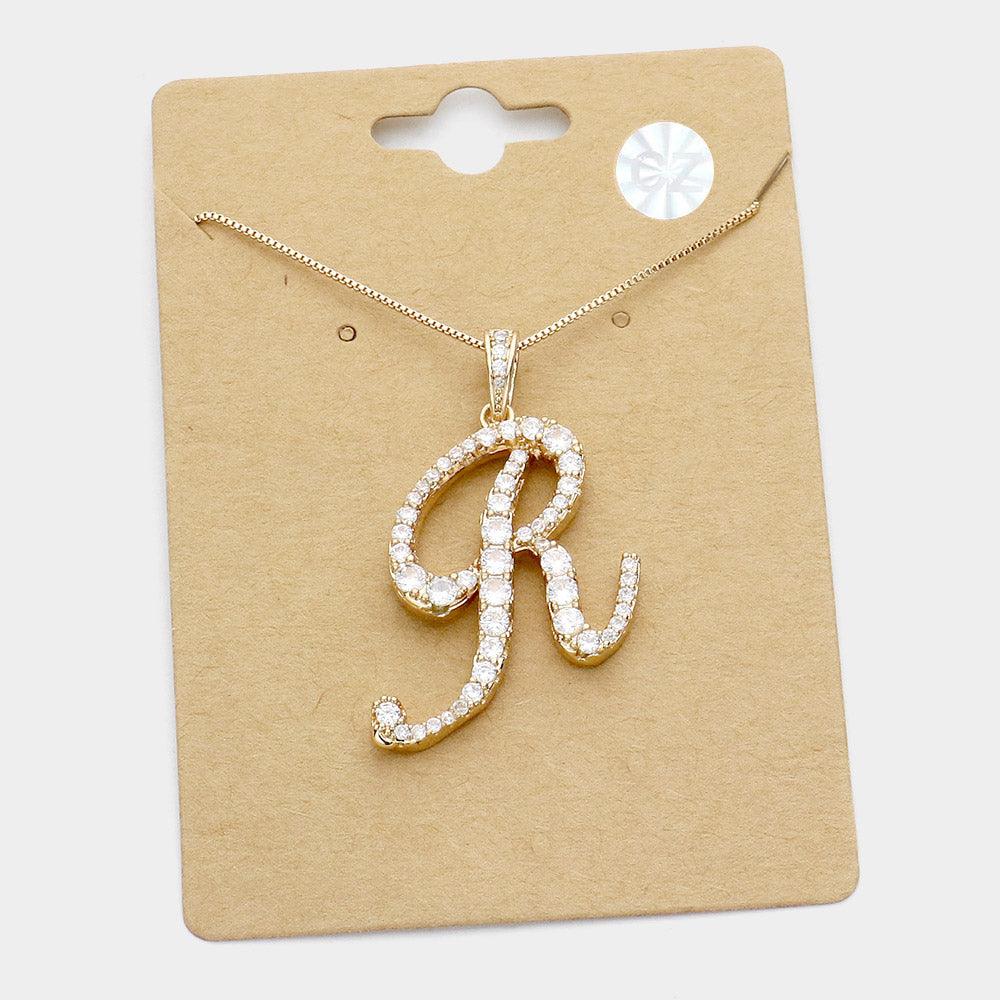Gold -R- CZ Monogram Pendant Necklace - Jewelry Store by Erik Rayo