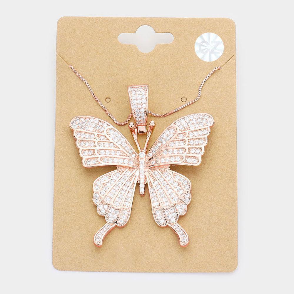 Rose Gold CZ Embellished Butterfly Pendant Necklace - Jewelry Store by Erik Rayo