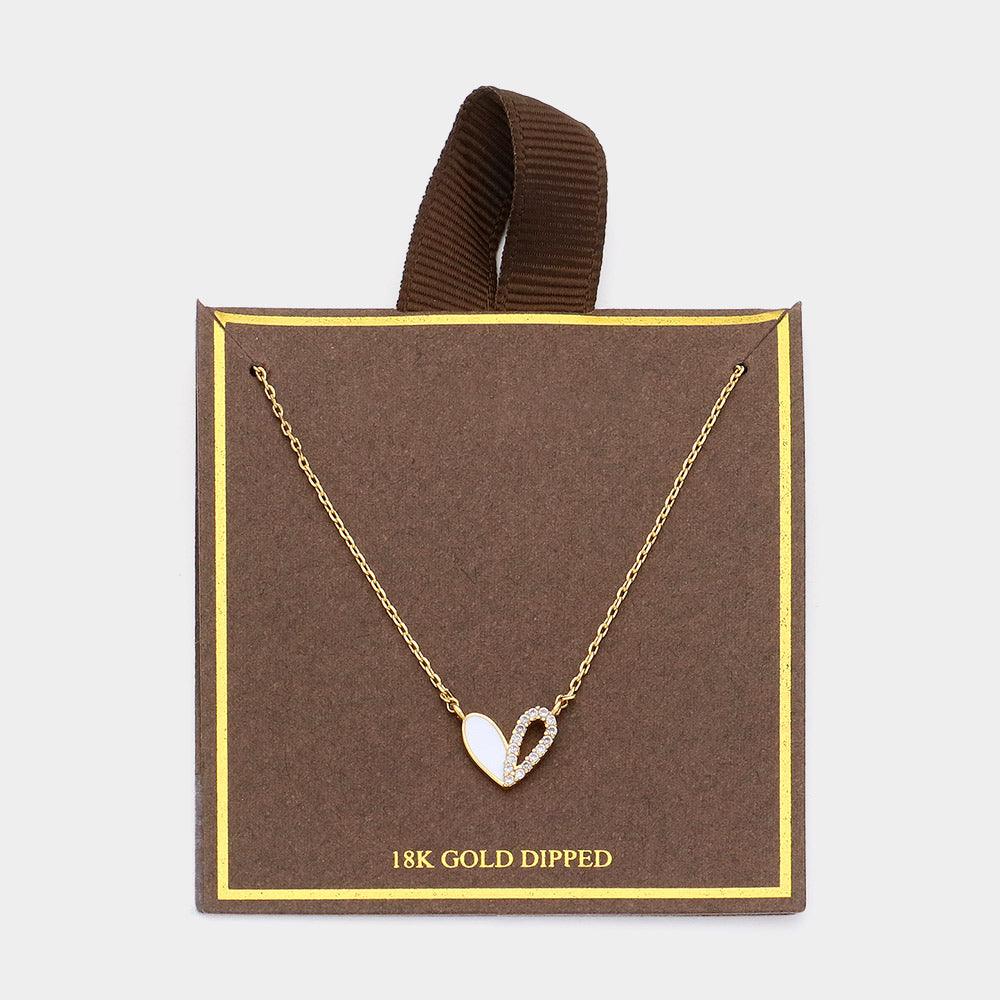 Gold 18K Gold Dipped Half Enamel Half Stone Paved Heart Pendant Necklace