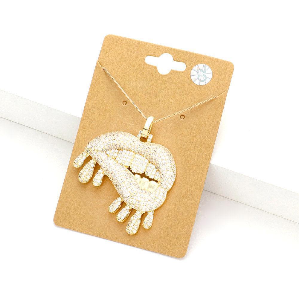 Gold CZ Lips Pendant Necklace - Jewelry Store by Erik Rayo
