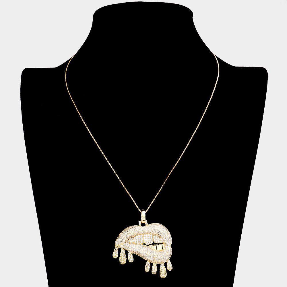 Gold CZ Lips Pendant Necklace - Jewelry Store by Erik Rayo