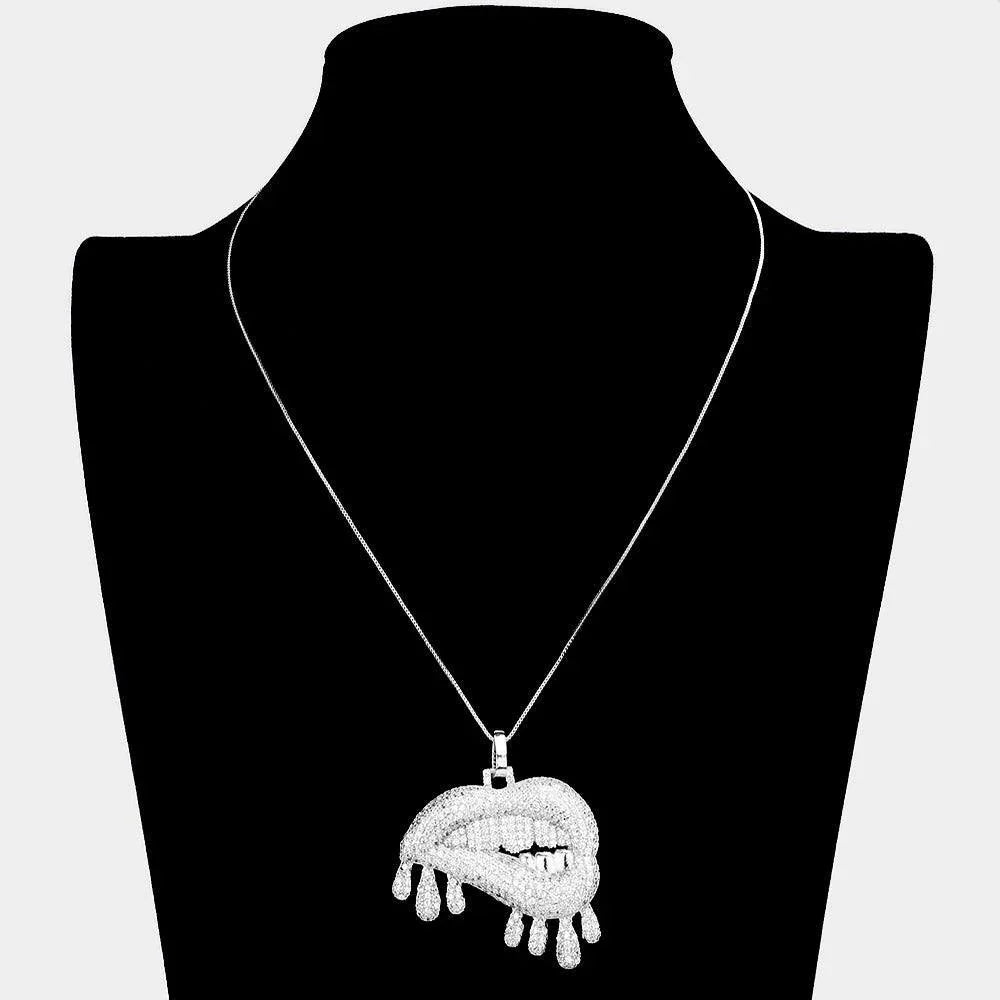 Silver CZ Lips Pendant Necklace - Jewelry Store by Erik Rayo