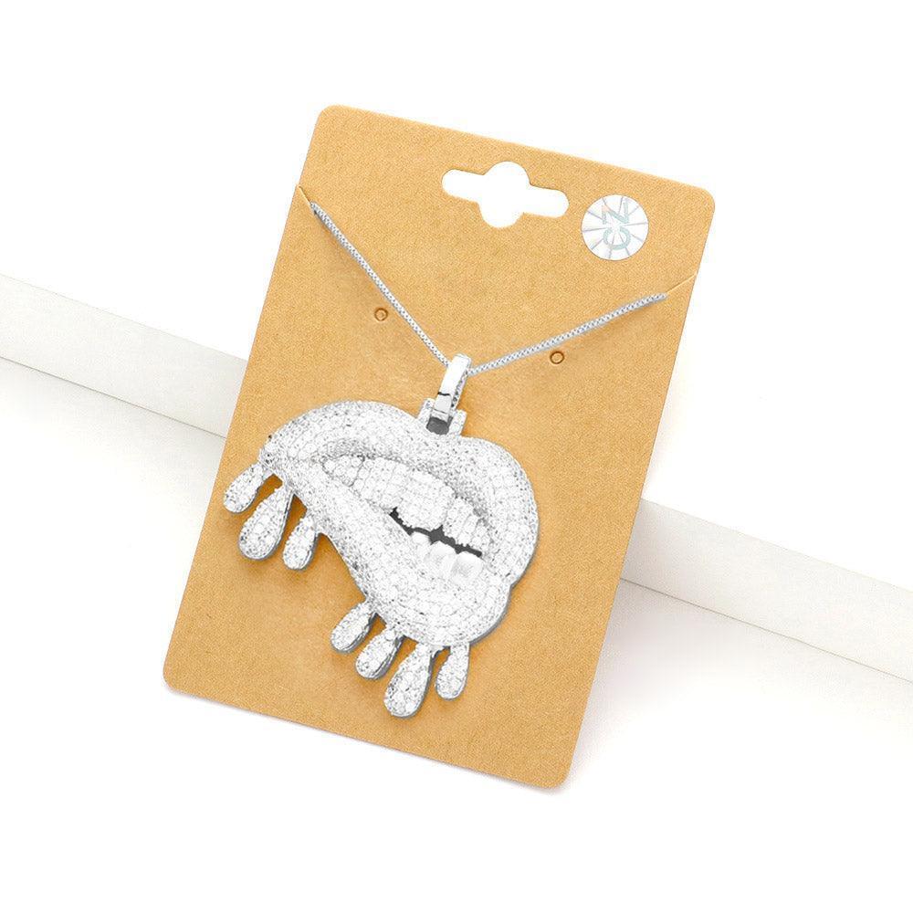 Silver CZ Lips Pendant Necklace - Jewelry Store by Erik Rayo