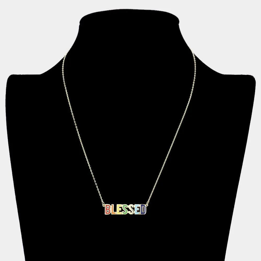 Gold BLESSED Brass Metal Enamel Message Pendant Necklace - Jewelry Store by Erik Rayo