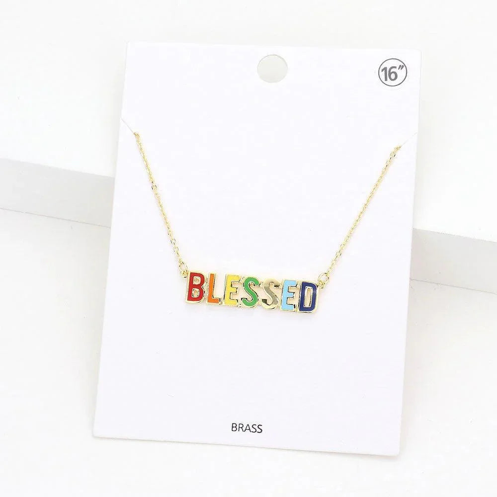 Gold BLESSED Brass Metal Enamel Message Pendant Necklace - Jewelry Store by Erik Rayo